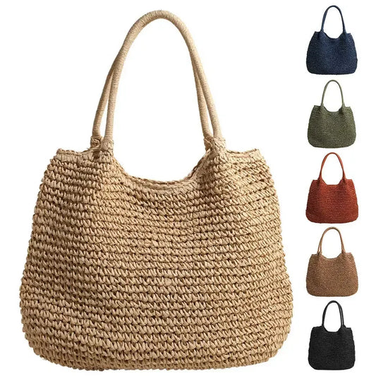 Women's Straw Tote Handbag | Large Capacity Vintage Shoulder Bag & Solid Color Crochet Beach Handbag (Ladies' Summer Daily Bag) Luxegan