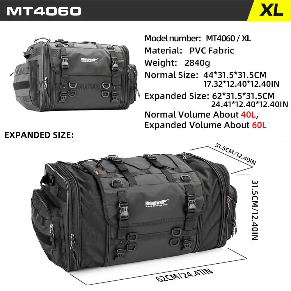 Motorcycle Rear Seat Travel Bag & Expandable Luggage | Heavy-Duty Waterproof Motor Tail Trunk Rack Bag | Premium High-Capacity 19L-80L Moto Storage | Models MT4026 / MT4045 / MT4060 / MT4080 Luxegan