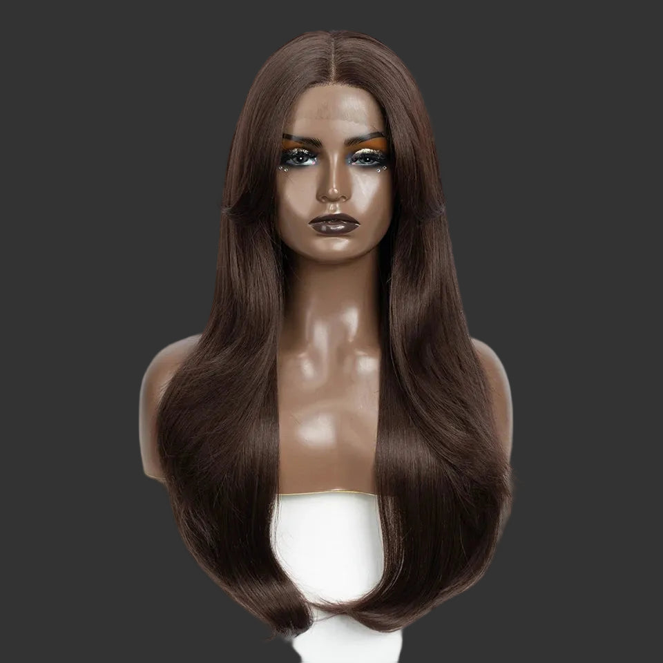 26-Inch Ombre Brown Highlight Blonde Synthetic Lace Front Wig with Bangs - Long Straight High Temperature Fiber Swiss Lace Wig - Transparent Lace Glueless Wig for Daily Use & Cosplay (197g) Luxegan