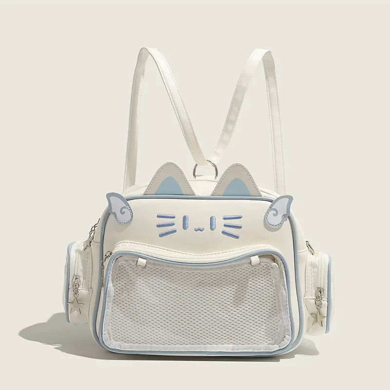 Women’s Fashion Y2K Cat Ita Bag | Sophisticated Korean & Japan Kawaii Backpack | Elegant PU Leather Cute Girls' Handbag | Aesthetic Transparent Pocket Shoulder & Crossbody Bag Luxegan