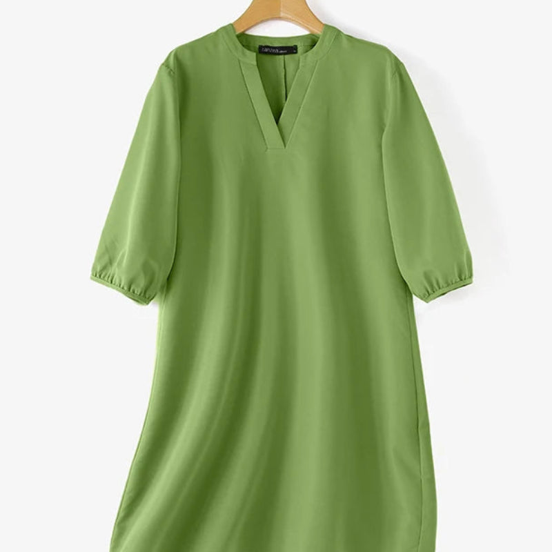 V-Neck Puff Sleeve A-Line Midi Dress | Elegant Solid Work & Casual Autumn Dress Luxegan