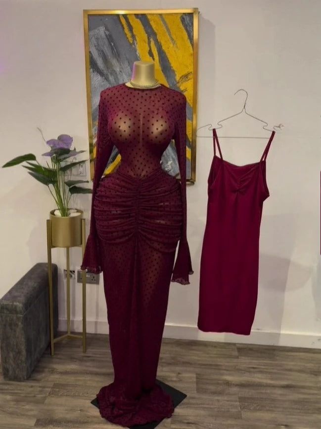 Long Sleeve Stacked Mesh Maxi Dress | Sexy See-Through Evening Gown with Premium Lining | Autumn Birthday Clubwear Bodycon Dress | Elegant O-Neck Flare Sleeve Floor-Length Pencil Robe Luxegan