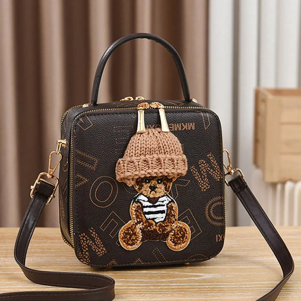 PU Leather Shoulder Bags | Fashion Simple Cute Cartoon Bear Crossbody Bag & Messenger Bag (Women's Small Square Handbags) Luxegan