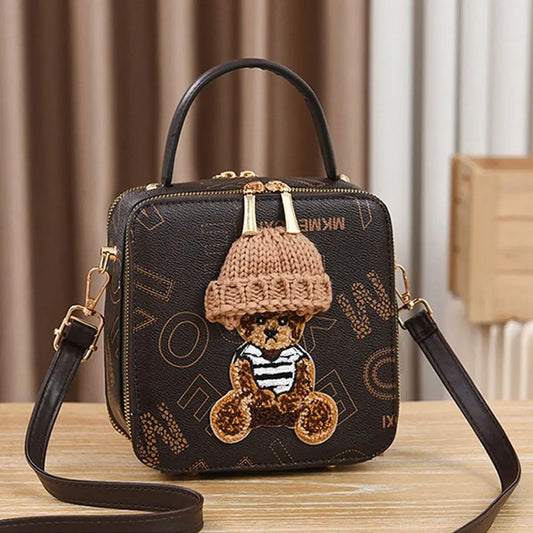 PU Leather Shoulder Bags | Fashion Simple Cute Cartoon Bear Crossbody Bag & Messenger Bag (Women's Small Square Handbags) Luxegan