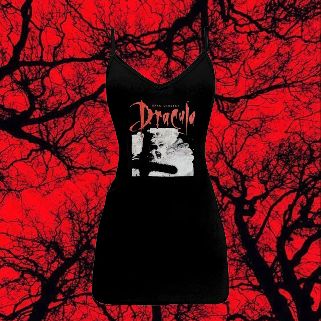 Gothic Pattern Summer Y2K Dress | Punk Streetwear Sleeveless Mini Dress | 2000s Harajuku Emo Girls Clothing | Premium Slight Stretch Slim Fit O-Neck Sheath Vestido Luxegan