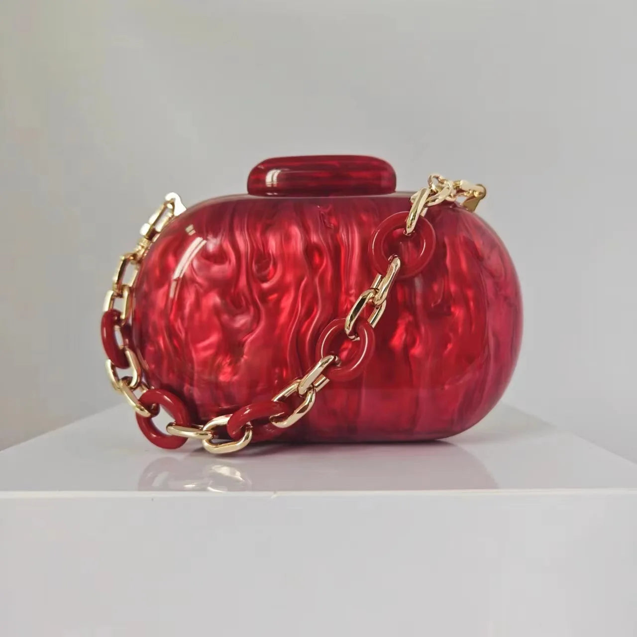 Acrylic Oval Evening Clutch | Sophisticated Hard-Shell Party Handbag | Elegant Prom Barrel-Shaped Purse | "Dignified" Modern Acrylic Phone Clutch with Stylish Chain Detail Luxegan
