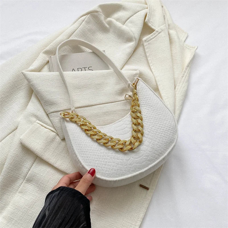 Fashion Women's Felt Handbag | Imitation Metal Chain Underarm Bag (Retro Ladies Solid Color Shoulder Bag, Trendy Casual Clutch Purse) Luxegan