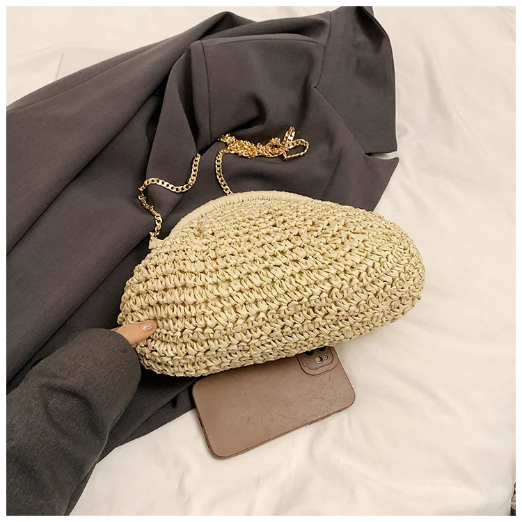 Soft Straw Shell Crossbody Bag | Casual Knitted Shoulder Bag with Excellent Texture Luxegan
