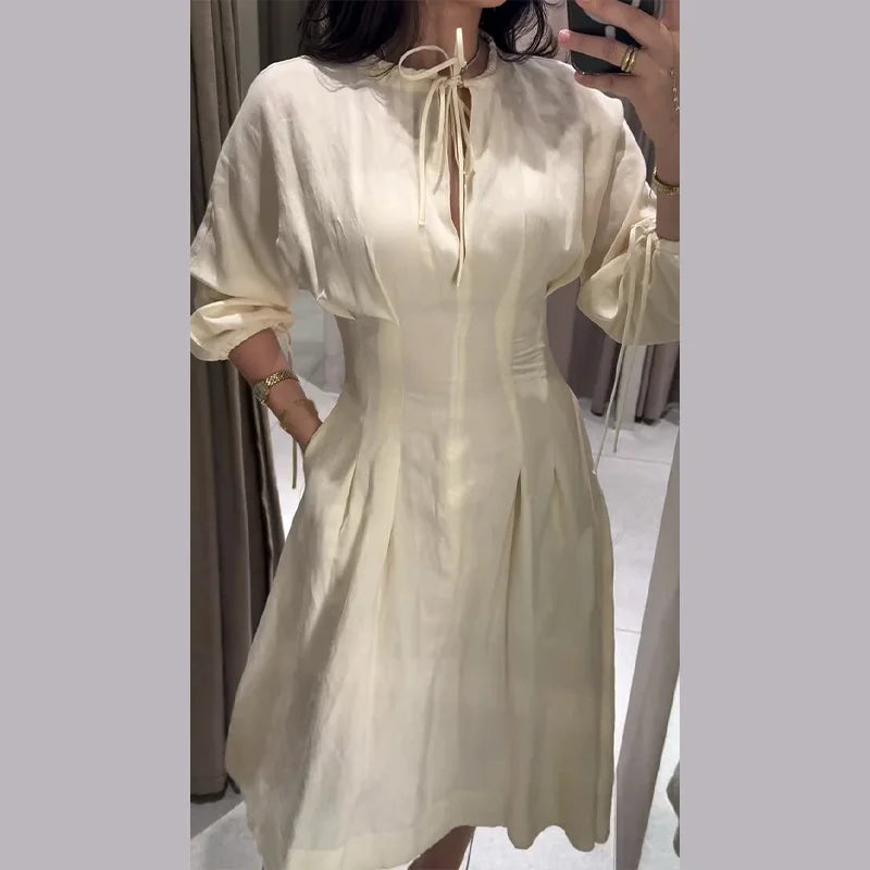 O-Neck Long Sleeve Lace-Up Draped A-Line Maxi Dress | Solid Casual Pleated Vacation Holiday Dress Luxegan
