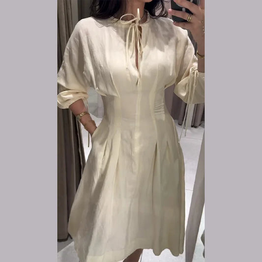 O-Neck Long Sleeve Lace-Up Draped A-Line Maxi Dress | Solid Casual Pleated Vacation Holiday Dress Luxegan