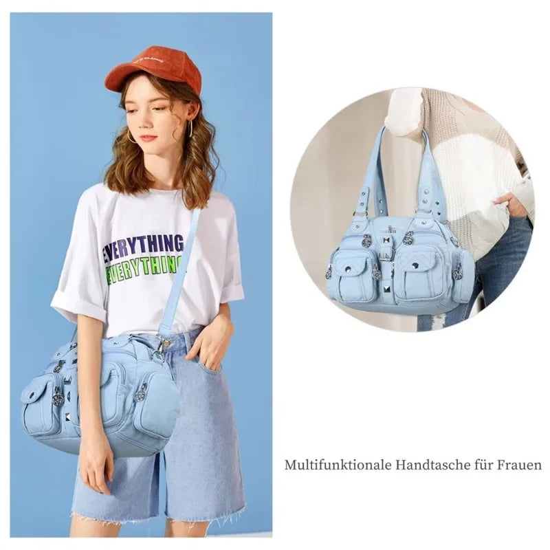 Women’s Rose Top-Handle Satchel | Luxury PU Leather Dumpling Bag | Versatile Crossbody & Shoulder Purse with Organized Interior