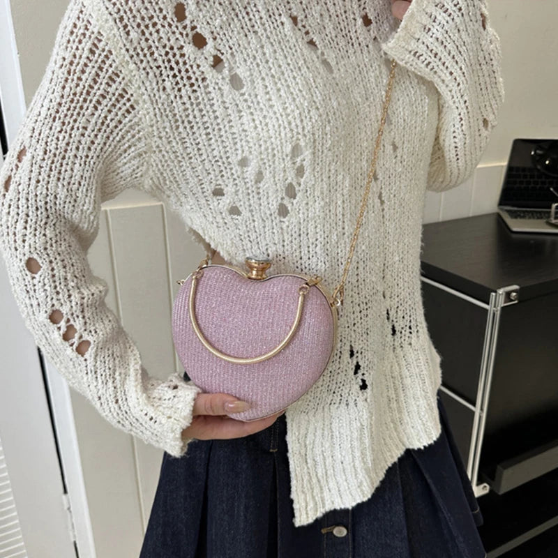 Shiny Heart Shape Metal Evening Clutch Bag for Women | Fashion Chain Shoulder Crossbody Bag (Luxury Lady Purse) Luxegan