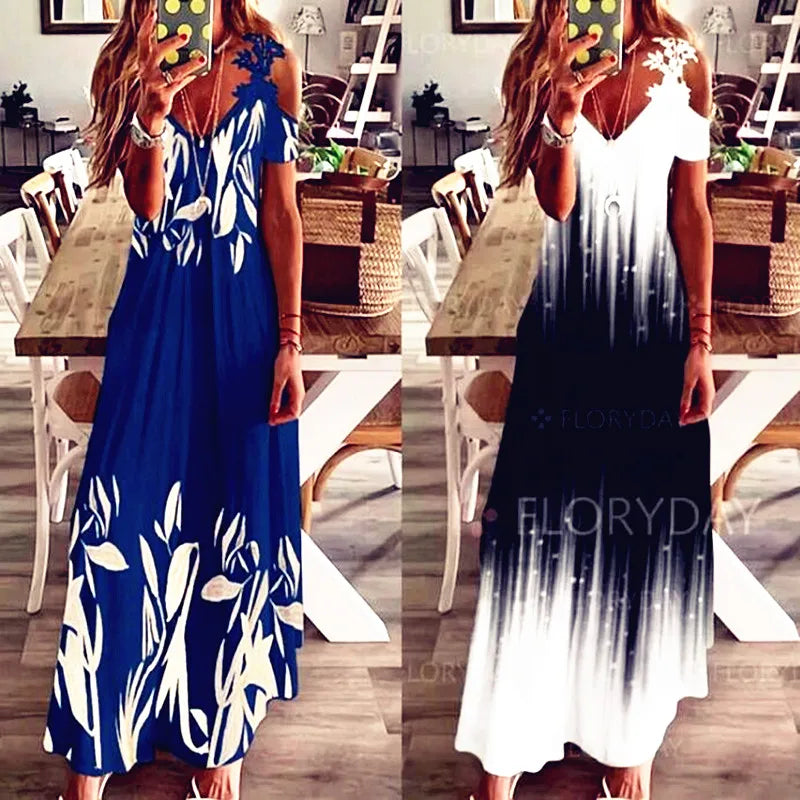 Floral V-Neck Spaghetti Strap Lace Detail Regular Fit A-Line Ankle-Length Dress – Brocade, Medium Stretch, Summer Luxegan 