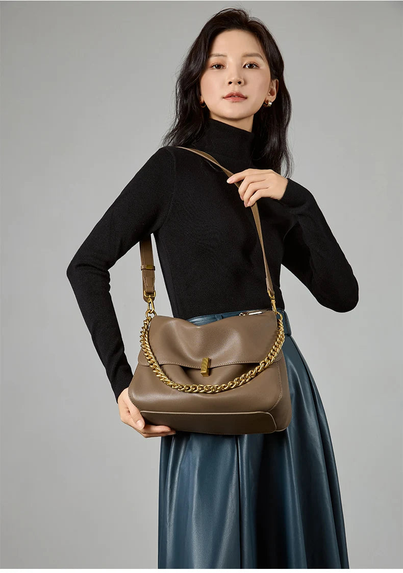 Soft Cow Genuine Leather Flap Chain Bag | Large Capacity Shoulder & Crossbody Messenger Luxegan