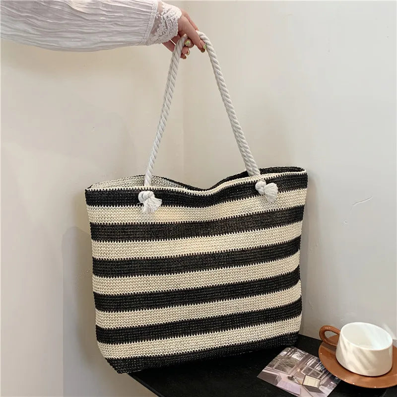 Color-Contrast Straw Shoulder Bag | Sophisticated Large Capacity Beach Handbag | Elegant Summer Daily Tote | "Dignified" Hard-Shell Woven Purse for Versatile Seasonal Styling Luxegan