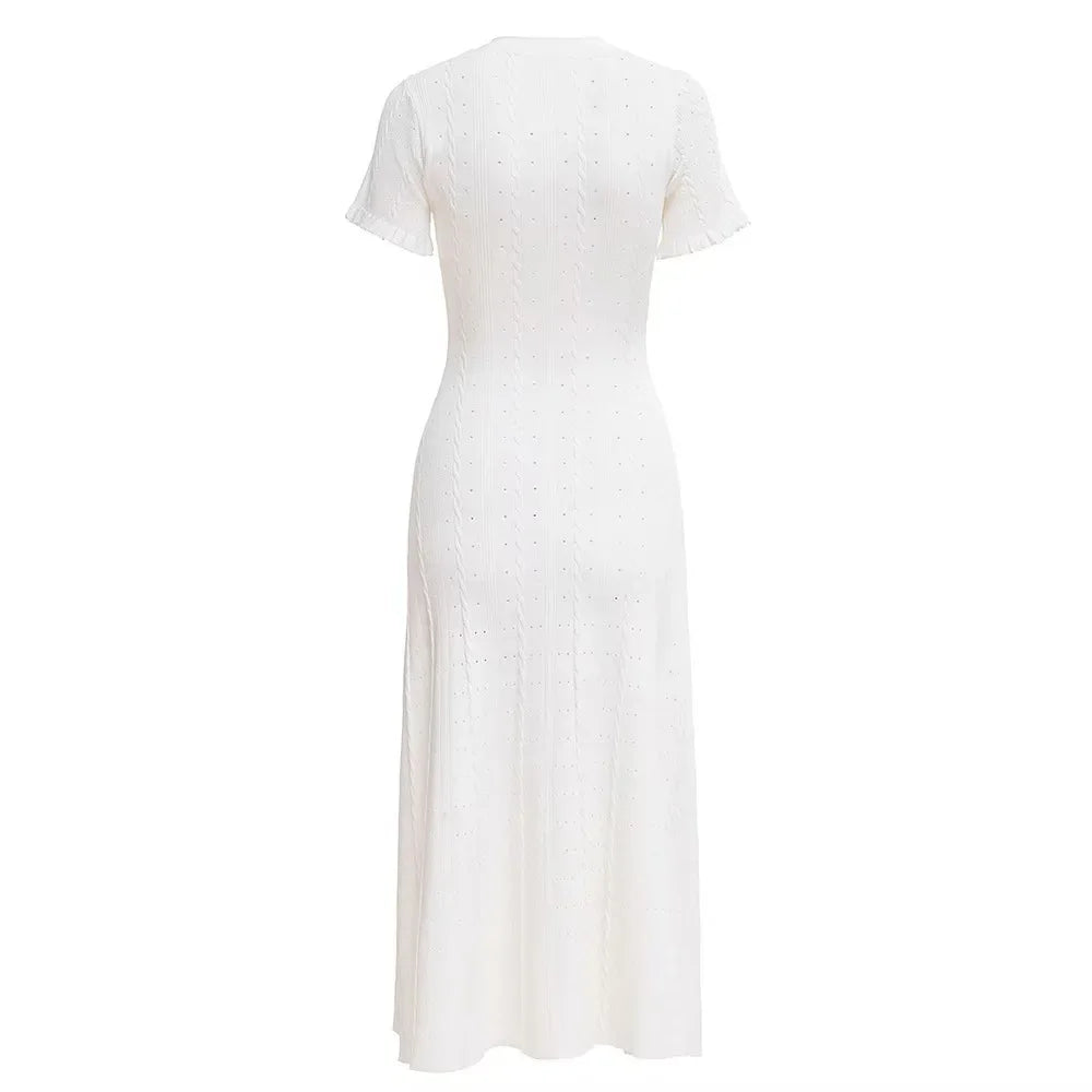 French Style Knitted Long Dress round Neck Hollow out Wooden Edge Skirt Elegant Autumn Luxury Women's Fashion One Piece Dress