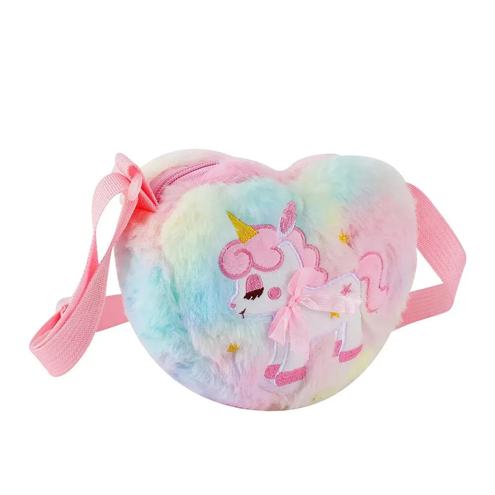 Cute Unicorn Plush Heart Messenger Bag | Girls' Faux Fur Half-Moon Crossbody | Soft Animal Print Coin Purse & Wallet | Magical Kids' Gift Small Shoulder Backpack Luxegan