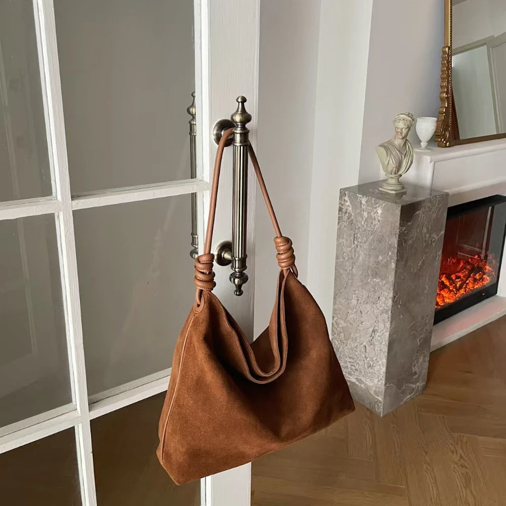 All-Match Chamois Matte Suede Cowhide Leather Tote | Large Capacity Designer Maillard Dressing Coffee Winter Ladies Handbag Luxegan