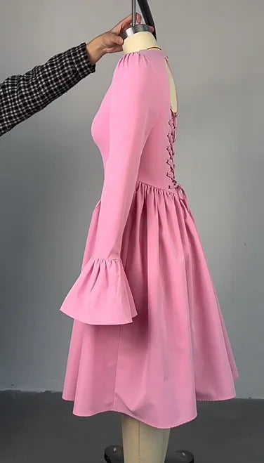 Flare Sleeve Pleated Backless Midi Dress | O-Neck Empire Waist Elegant Beach Party Dress Luxegan