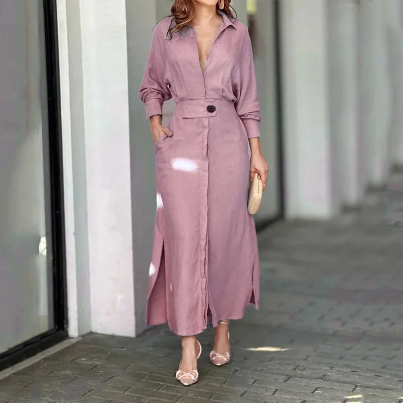 Women's Dress Autumn New Fashion Elegant Long Sleeve Leisure Solid Color V Neck Sexy Ladies Shirt Dresses Commuting Streetwear