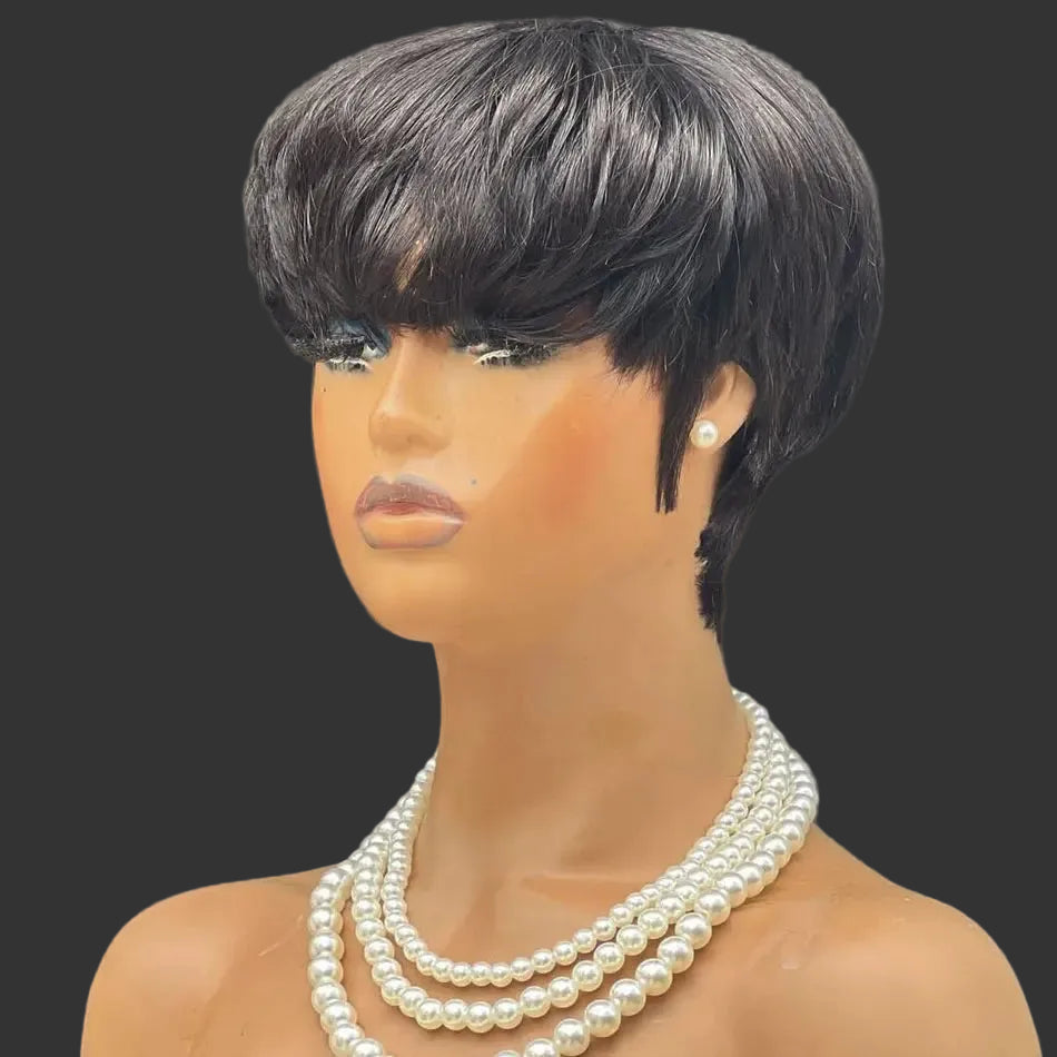 Glueless Full Lace Short Pixie Cut Wig | 100% Brazilian Human Hair Pixie Bob with Bangs | Premium Remy Hair Straight Wigs for Women | Medium Brown Normal Lace Free Part Natural Color Short Vestido Luxegan
