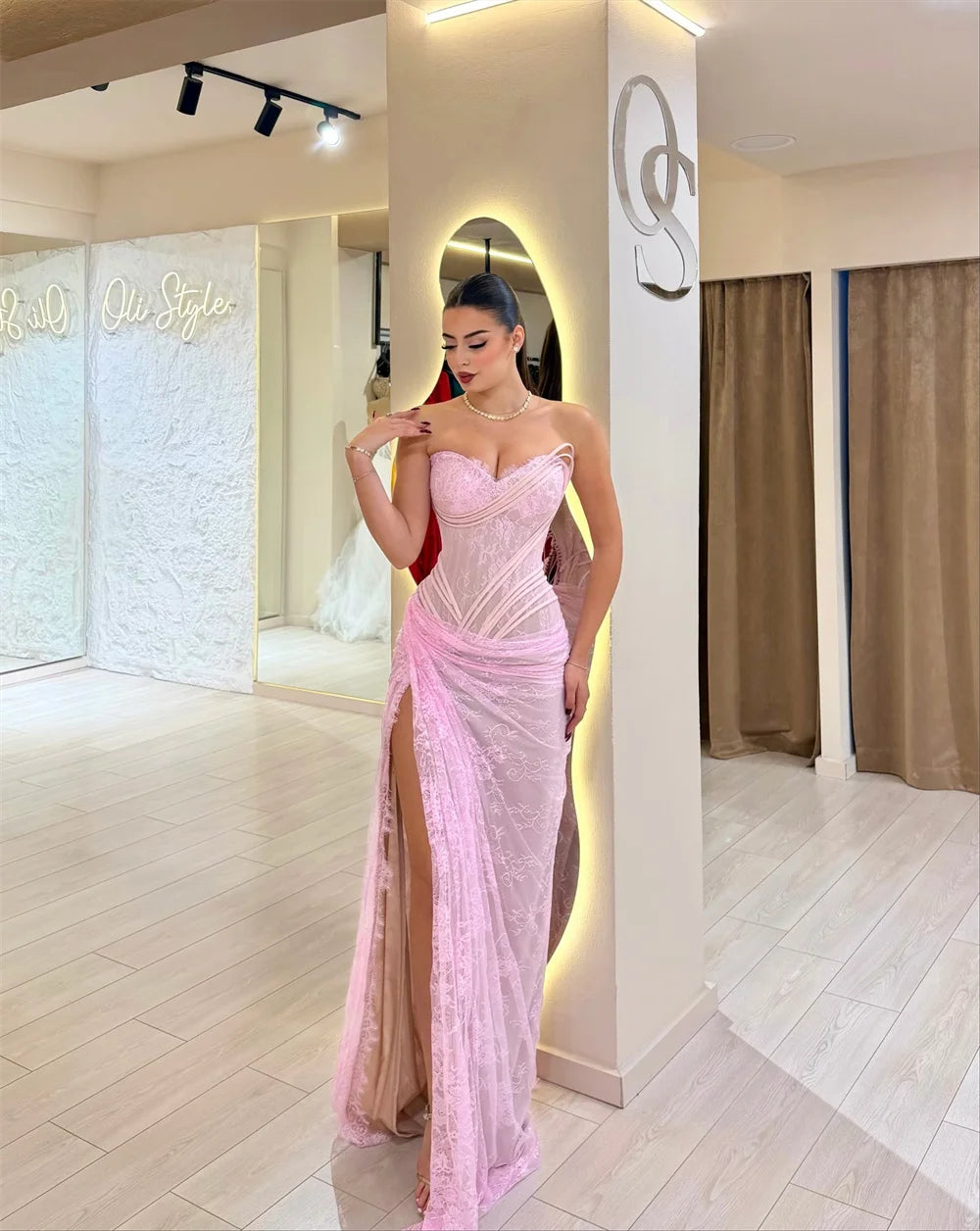 Cathy Customized Pink Floral Lace Mermaid Prom Dress Side High Slit Sleeveless vestidos de noiva Floor-length Evening Dresses