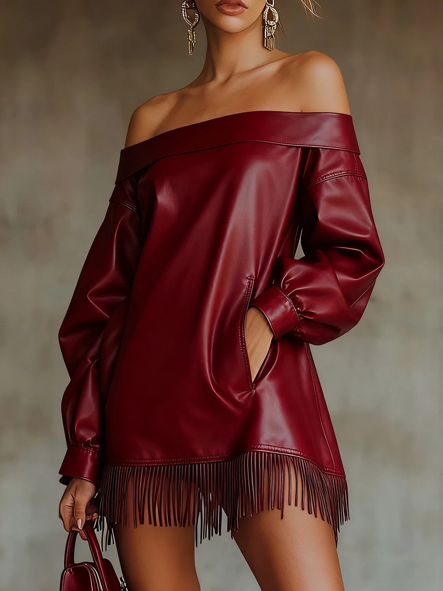 Solid Vintage Slash Neck Full-Length Lantern Sleeve Regular Fit Straight Tassel Mini Dress – Slight-Stretch Polyester, Empire Waist, Spring/Summer Luxegan
