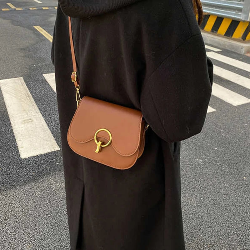 PU Leather Saddle Bag with Fashion Lock | Solid Color Flap Crossbody Purse Luxegan