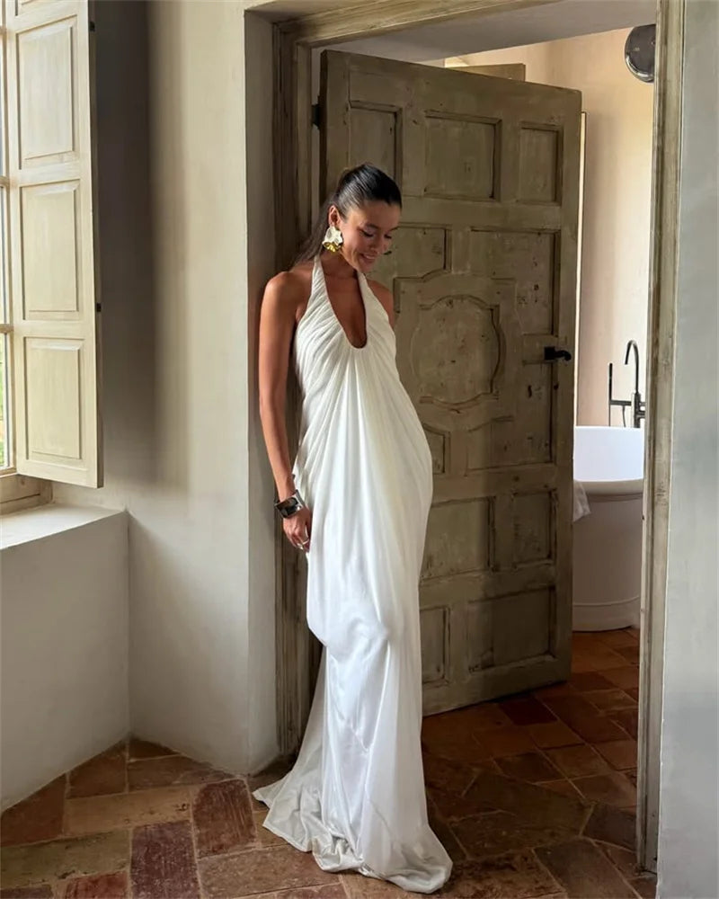 Mozision Mesh Halter Backless Sexy Maxi Dress Women Gown Fashion Elegant V Neck Sleeveless Pleated Club Party Long Dresses