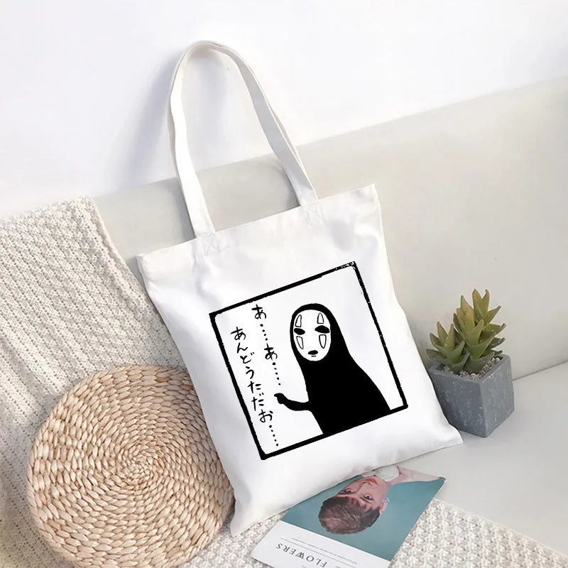 Spirited Away Faceless Anime Cartoon Large Capacity Canvas Shoulder Bag | Women's Casual Tote Kids Student Handbag Shopping Bags Luxegan