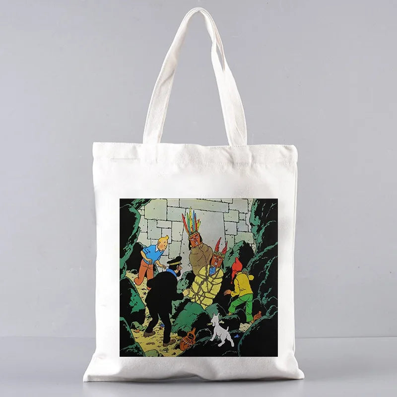 Soft Tintin Cartoon Canvas Large Capacity Tote | Open-Top Shopping Bag Luxegan