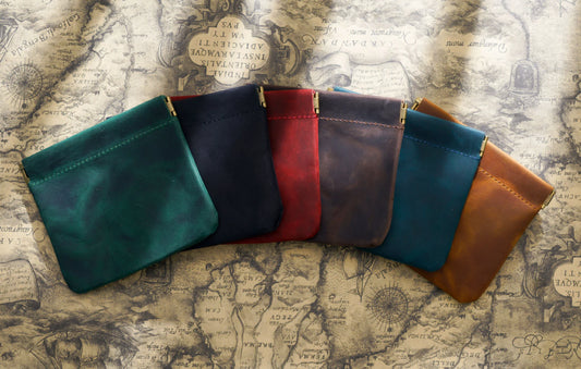 Genuine Leather Small Coin Purse & Card Holder | Sophisticated Crazy Horse Cow Leather Storage Bag | Elegant Retro Key Case with Automatic Buckle Closure | Luxury Minimalist Unisex Pouch (Model 18L-112) Luxegan