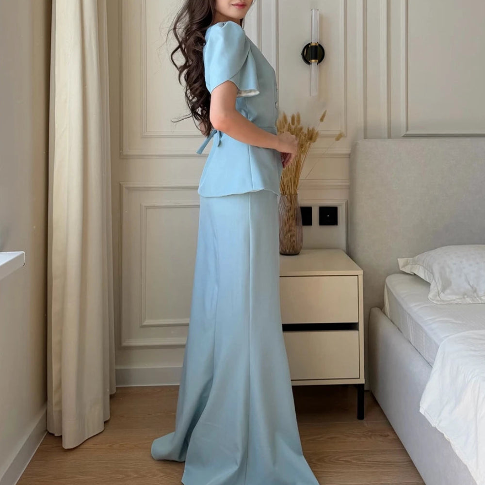Sequined Button A-Line Prom Dress | Square Collar Short Sleeve Floor-Length Gown Luxegan