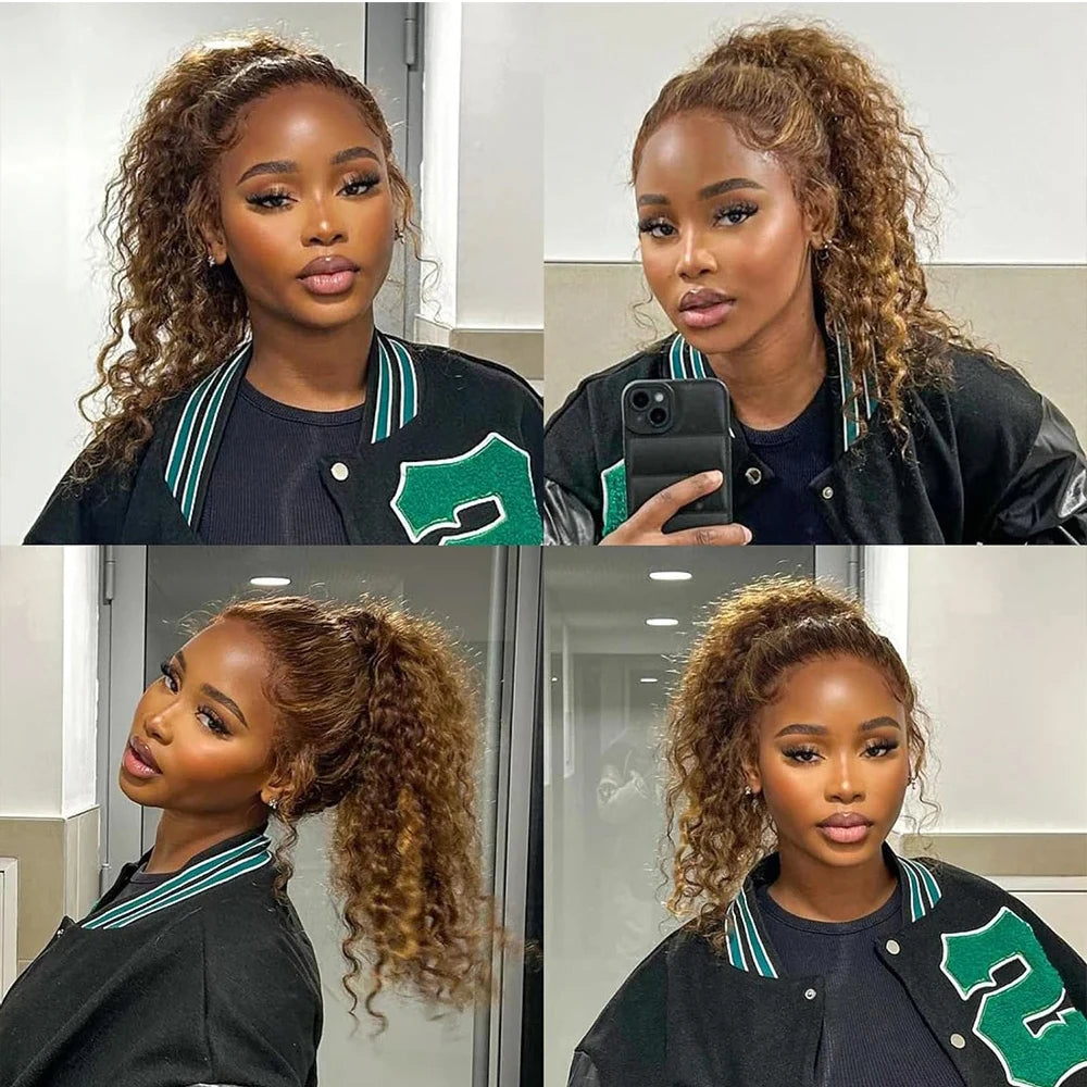 Invisi-Strap 360 Full Lace Wig | Sophisticated "Chocolate Brown" Deep Curly Silhouette | Elegant 250% Density HD Lace Hairpiece | "Dignified" Honey Blonde Highlights Brazilian Human Hair Wig for Radiant Versatile Styling Luxegan