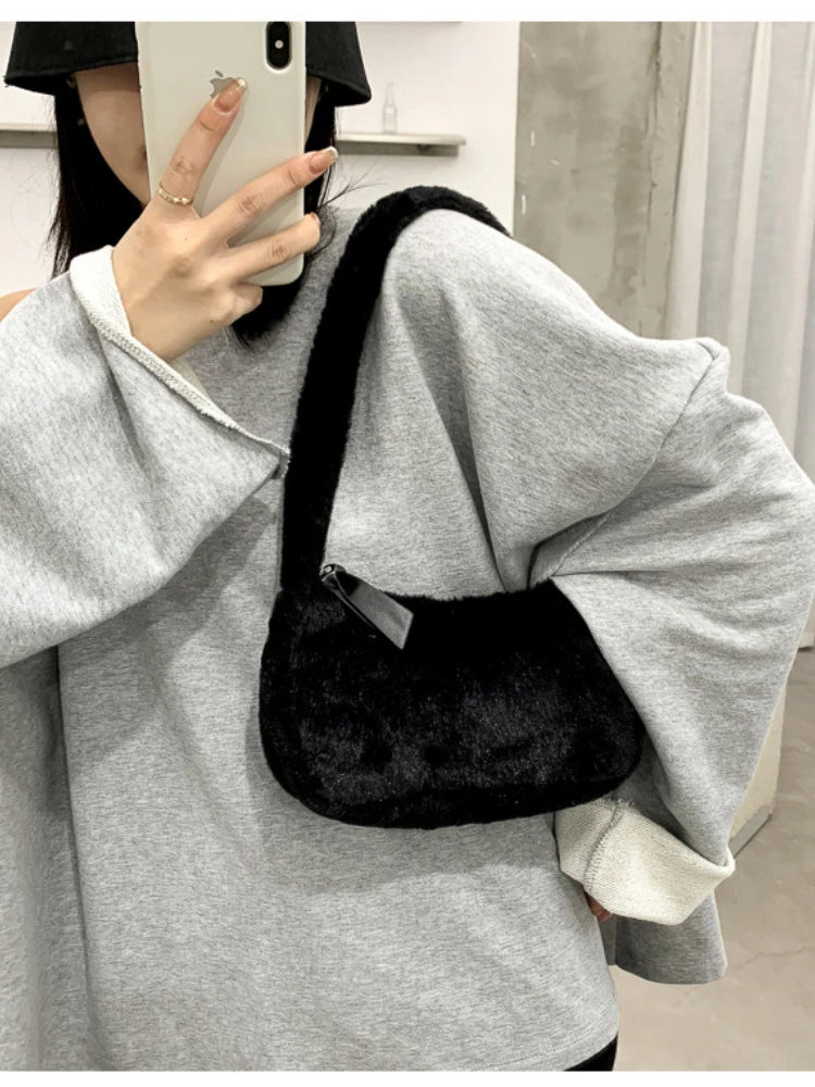 Simple Design Women's Soft Plush Hobo Shoulder Bag | Winter Furry Ladies Clutch Purse & Handbag (Fashion Female Underarm Bag) Luxegan