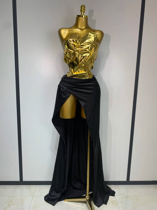 Women's New Arrival Gold Color Sexy 2-Piece Dress Set | Laced-Up Chest-Wrapping Top & Long Skirt | Celebrity Elegant Evening Party Gown | Premium Non-Woven Slim Fit Floor-Length Sheath Vestido Luxegan