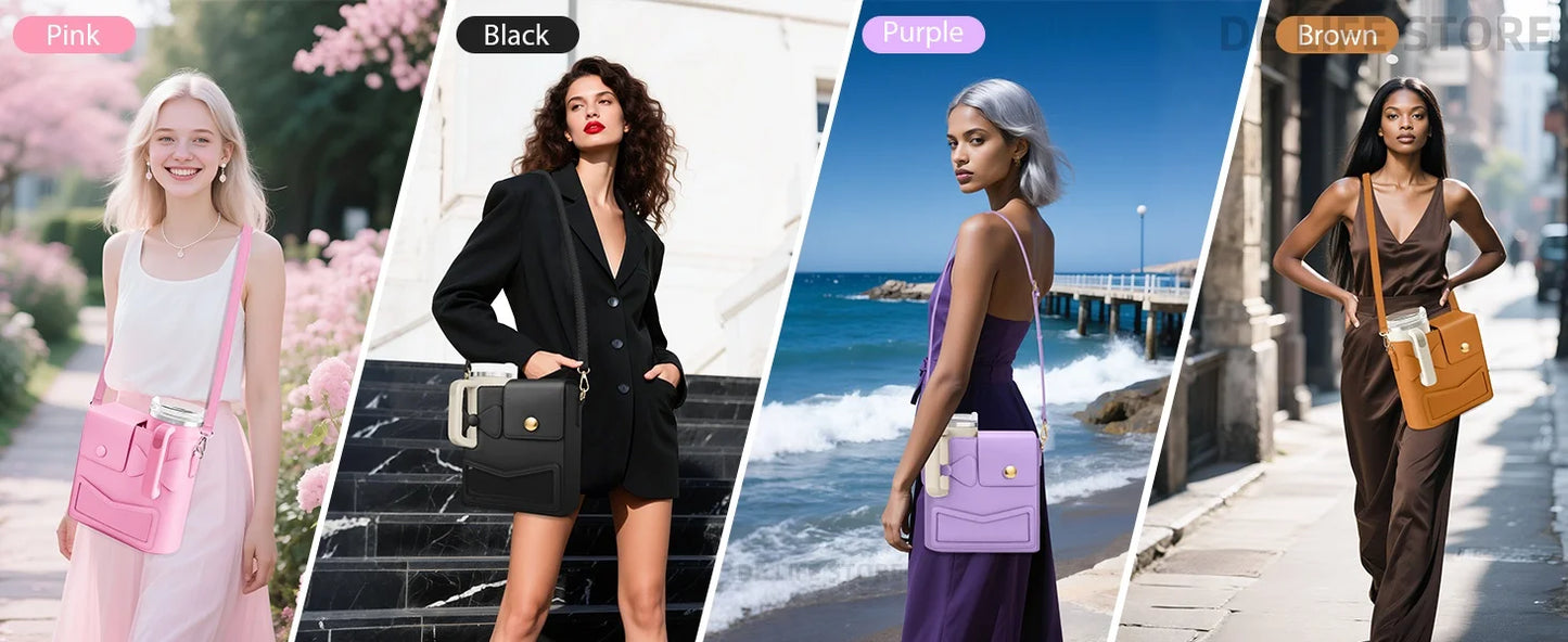 PU Leather Women's Water Bottle Crossbody Bag with Adjustable Strap | Portable Shoulder Handbag for Stanley Cup 40 oz (Box Shape) Luxegan