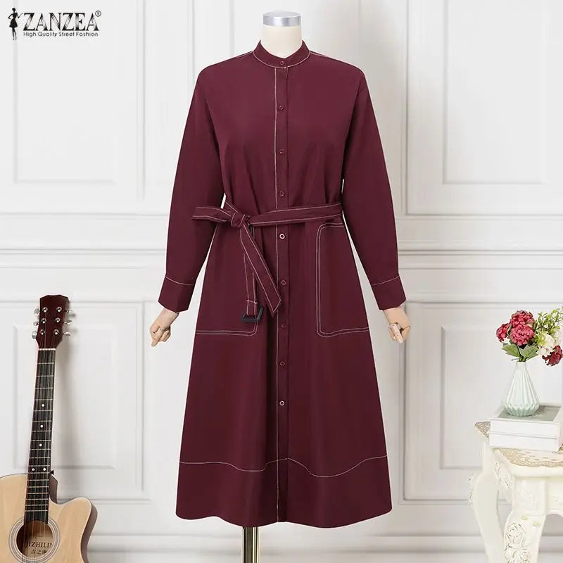 ZANZEA Fashion Long Shirt Dresses Women Elegant Streetwear Office Lady Midi Vestidos Belted Casual Autumn Long Sleeve Party Robe