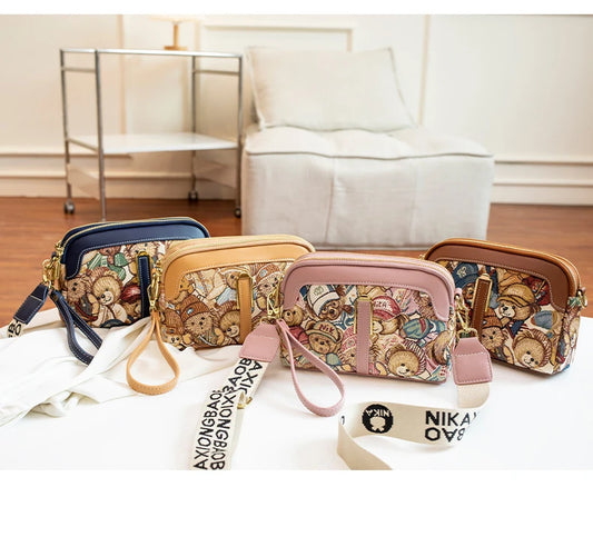 Fashion Luxury Brand Cartoon Bear Clutch | Cute Embroidered Designer Crossbody Bag | Soft PU Leather Casual Shoulder Handbag (Knucklebox Shape) Luxegan