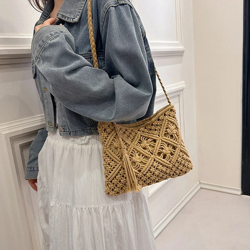 Designer Hollow Out Woven Straw Bag | Fashion Bohemian Summer Crossbody & Shoulder Bag with Tassels Luxegan