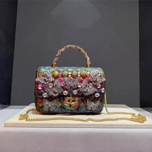 Luxury Designer Rhinestone Butterfly Handbag | Retro Fashion Diamond Lattice Messenger Bag | Glamorous Party Shoulder Bag with Metal Chain | Sparkling Diamond Satchel for Women (Model GX-T-1249) Luxegan