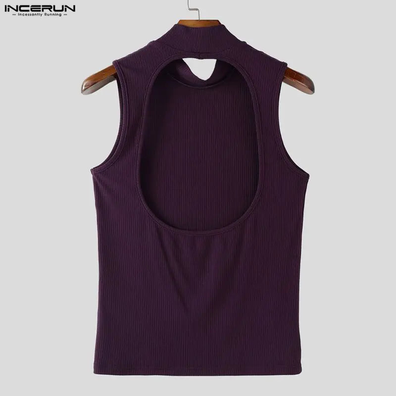 INCERUN Men Tank Tops Knitted Solid Color Turtleneck Sleeveless Male Vests Streetwear Hollow Out Backless Fashion Men Clothing