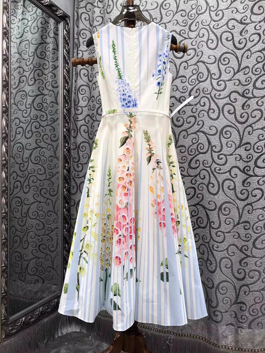 Floral Stripe Print Sleeveless Maxi Dress | A-Line Empire Waist Party Dress with Belt Luxegan