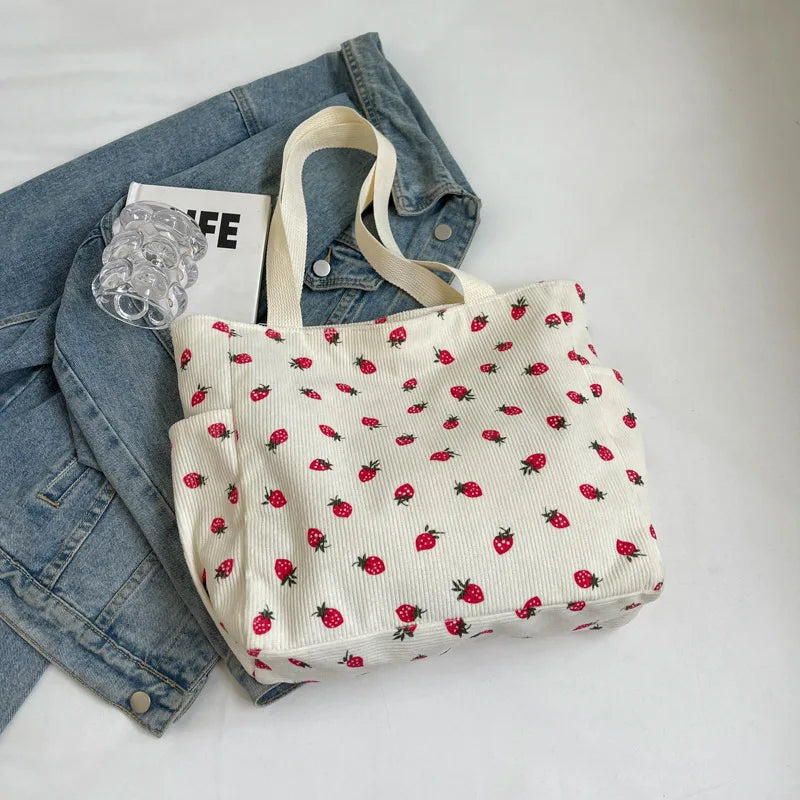 Corduroy Fruit Print Handbag | Sweet Girl Zippered Underarm Bag Luxegan