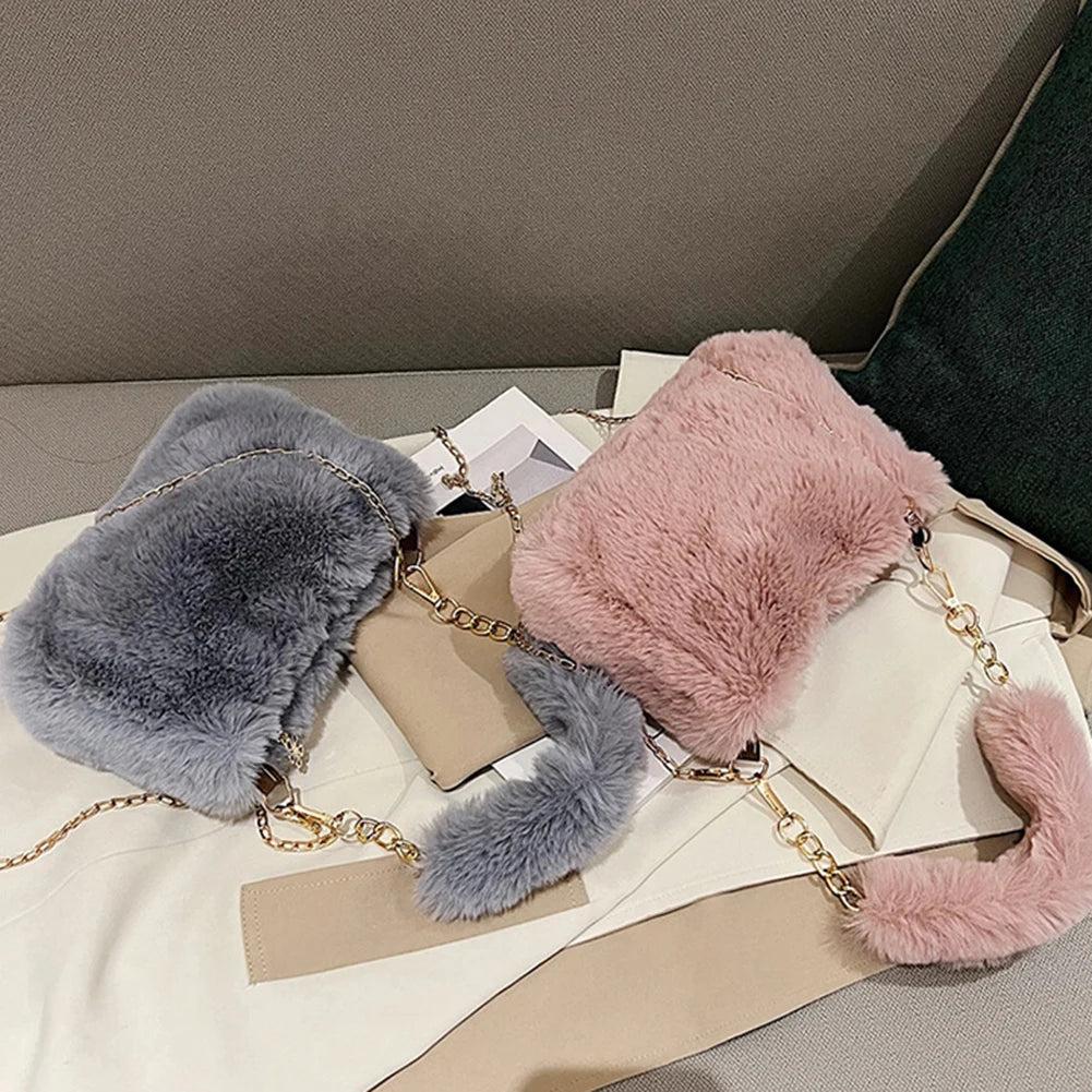 Fuzzy Plush Top Handle Bag | Soft Faux Fur Chain Crossbody Luxegan