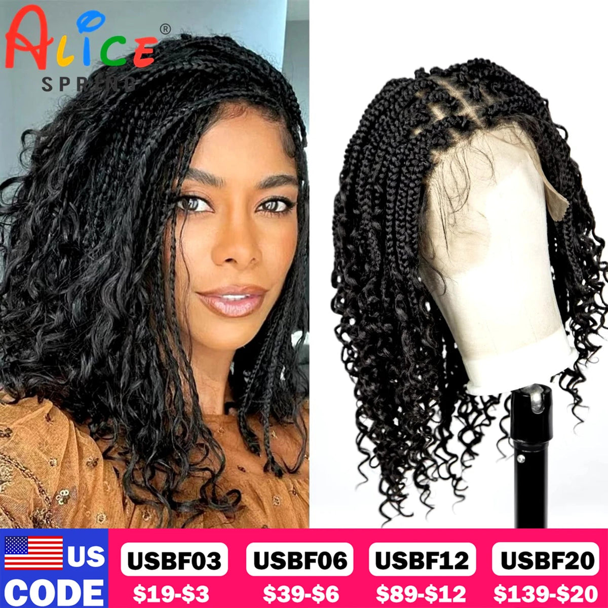 Full Lace Braided Lace Wigs Synthetic Knotless Box Braided Lace Wig with Curly Ends for Black Women Kinky Curly Braided Bob Wig Luxegan