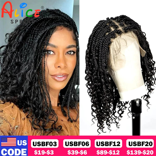 Full Lace Braided Lace Wigs Synthetic Knotless Box Braided Lace Wig with Curly Ends for Black Women Kinky Curly Braided Bob Wig Luxegan