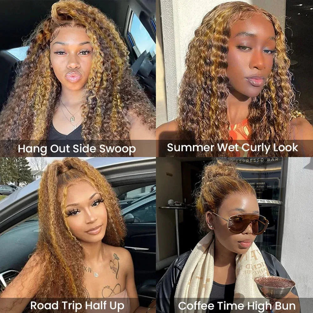 Honey Blonde Highlight Deep Wave 360 Full HD Lace Wig | Ultra-Thick 250% Density Invisible Strap Glueless Frontal Wig | 100% Brazilian Remy Human Hair Wig with Baby Hair (18-30 Inch) Luxegan
