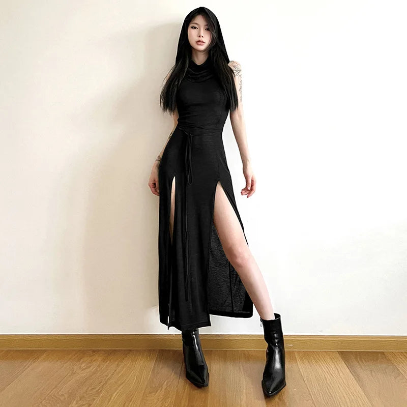 Women's Sexy European & American Style Sleeveless Hooded Dress | Hollow-Out High-Split Ankle-Length Gown | High Stretch Slim Fit Solid Color Streetwear Vestido | Summer Sheath Dress Model W068DS Luxegan