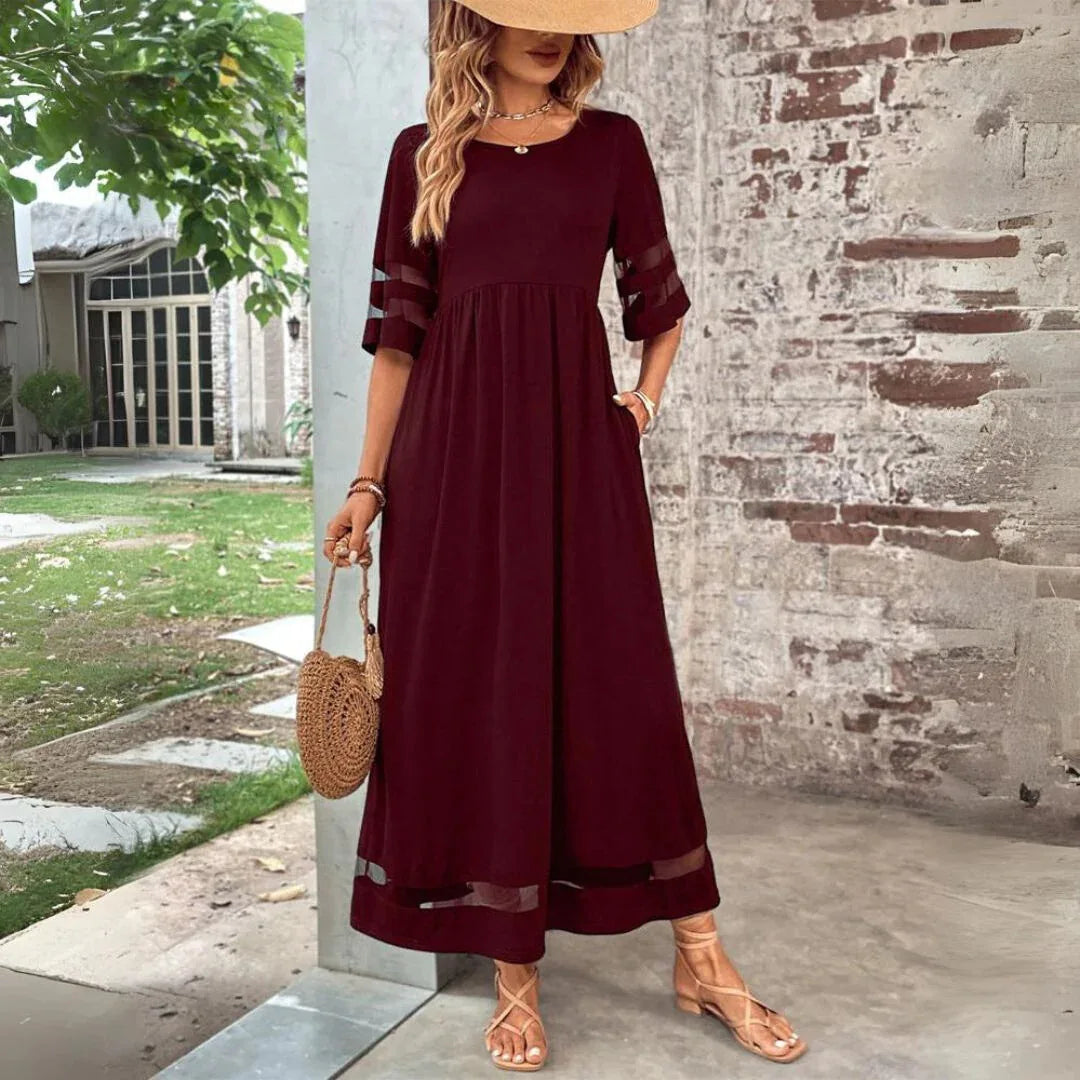 Five-Quarter Sleeve Round Neck Loose Maxi Dress | Solid Knit Casual Everyday Dress Luxegan